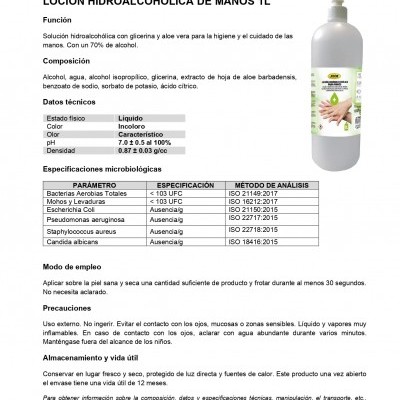 Ficha técnica de loción hidroalcohólica de manos 1L de JBM