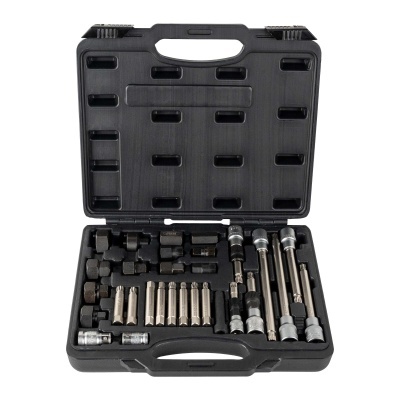 Conjunto de ferramentas em estojo preto com chaves de soquete e extensões de metal