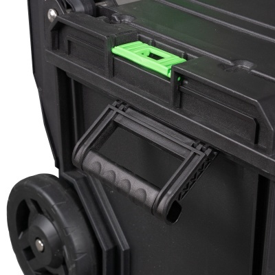 Caixa de armazenamento preta com pega dobrável e roda