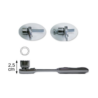 Chave de catraca cromada prateada com cabeça hexagonal e botão de liberação rápida.