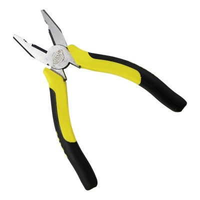 Alicate de pontas amarelo e preto com cabeça metálica prateada