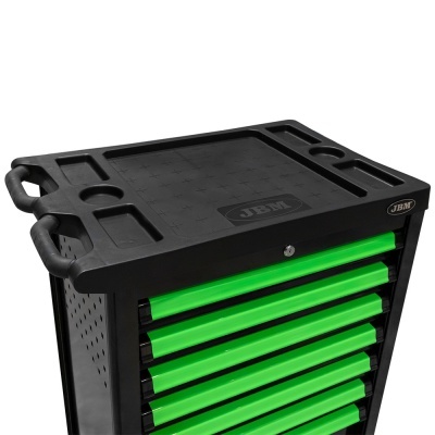 Carrinho de ferramentas preto com gavetas verdes e superfície superior organizada