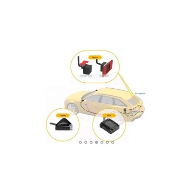 Ilustração técnica a mostrar componentes eletrónicos para veículo SUV amarelo