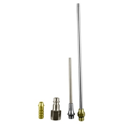 Quatro peças metálicas de vários tamanhos e formas, incluindo haste longa, haste curta, conector hexagonal e peça dourada estriada