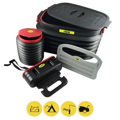 conjunto de ferramentas e recipientes plásticos preto, vermelho e cinza com etiquetas amarelas JBM