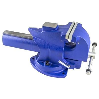 Morsa de bancada azul em metal com parafuso prateado