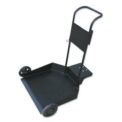 Carrinho de transporte preto em metal com rodas e pega curva