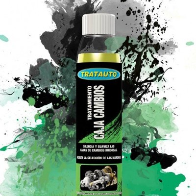 Frasco de líquido TRATAUTO Tratamiento Caja Cambios com ilustração mecânica e fundo artístico colorido