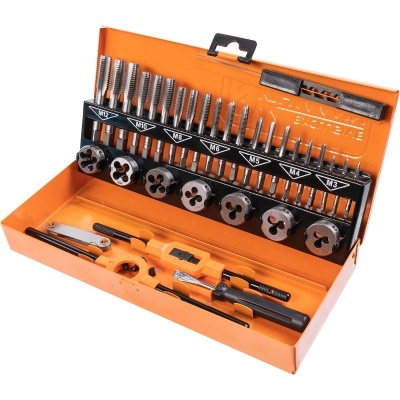 Estojo metálico laranja com conjunto de macho e tarraxa para roscar