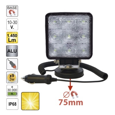 Luz LED quadrada com base magnética e cabo para isqueiro de automóvel