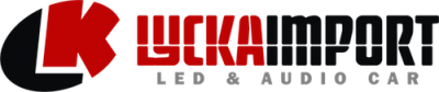 Logótipo LUCKA IMPORT LED & AUDIO CAR em vermelho e preto
