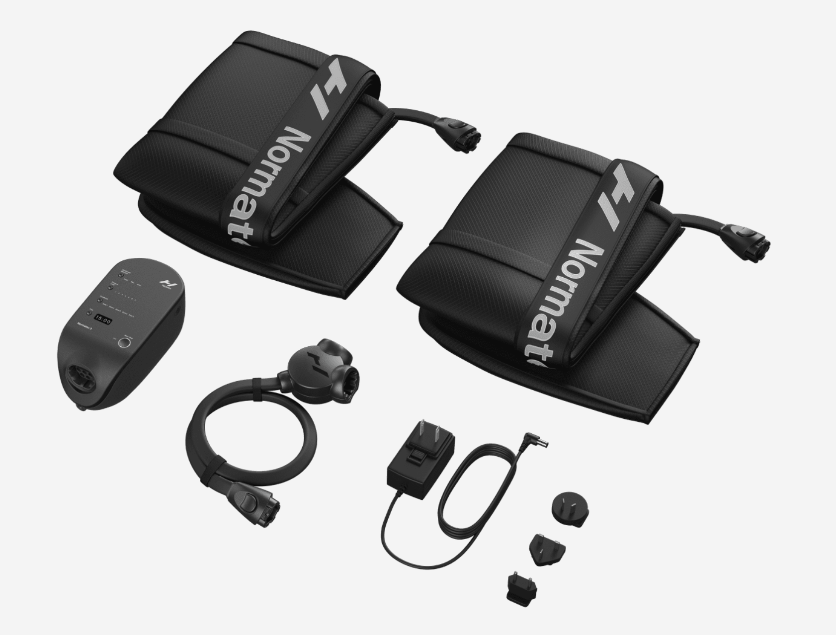 Normatec 3 acessórios Nomatt pretos com cintas e dispositivos eletrónicos