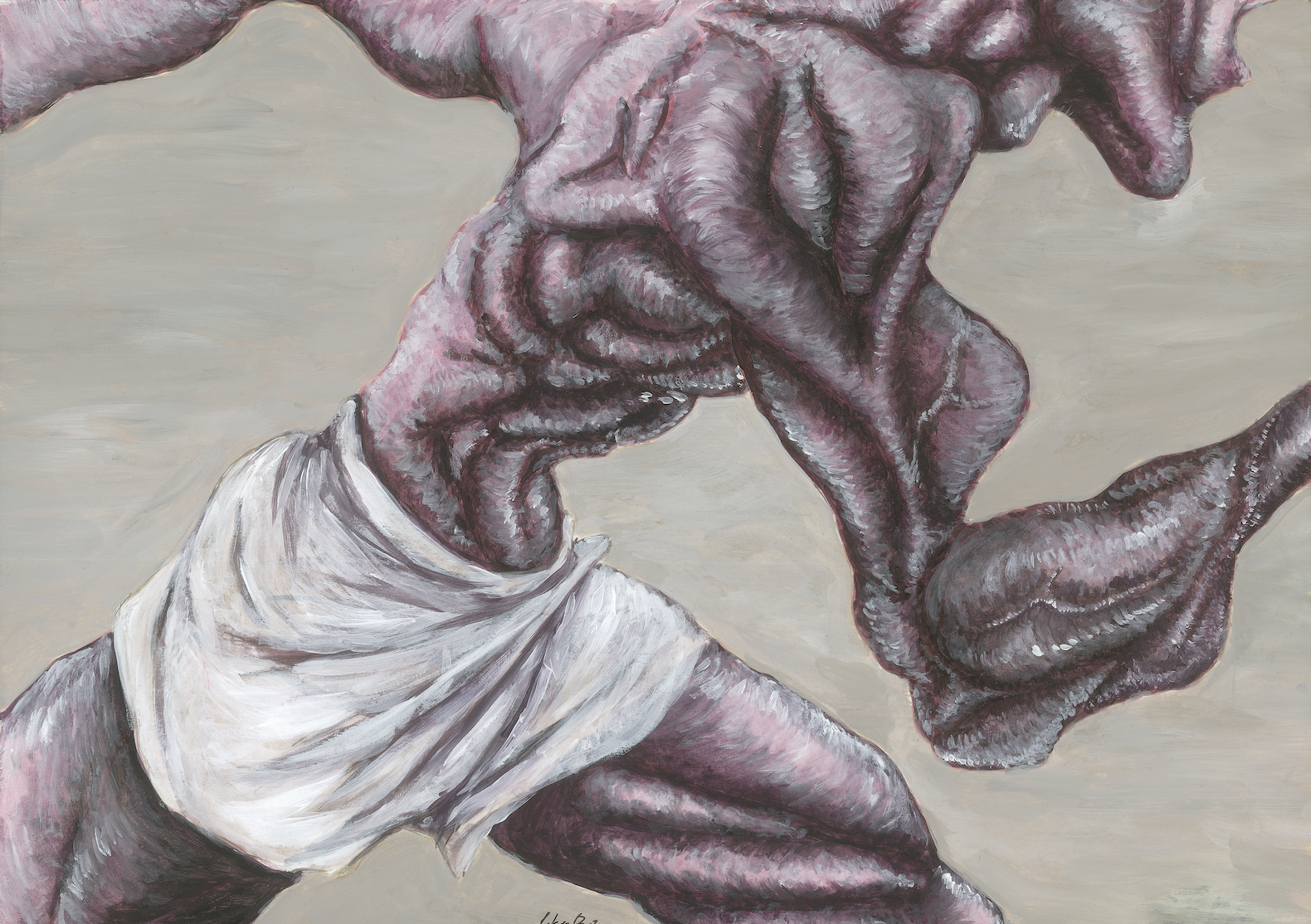 Power running Pintura de figura humana musculada com peça branca na cintura e fundo cinza