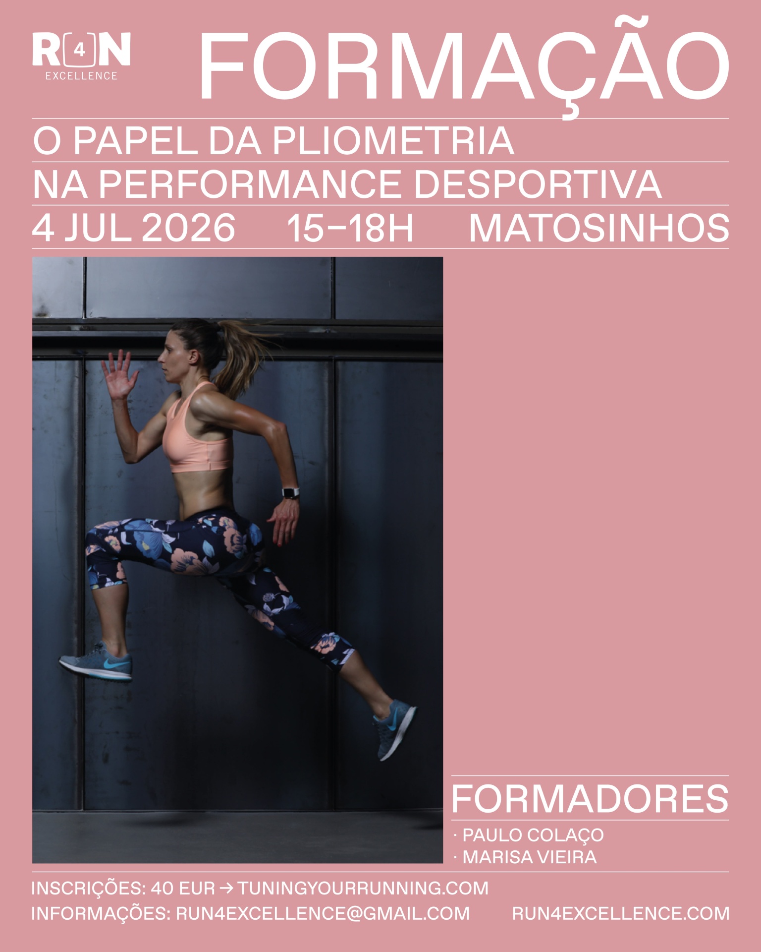 O papel da pliometria na performance desportiva Formação sobre pliometria com mulher a saltar em leggings florais e top cor-de-rosa