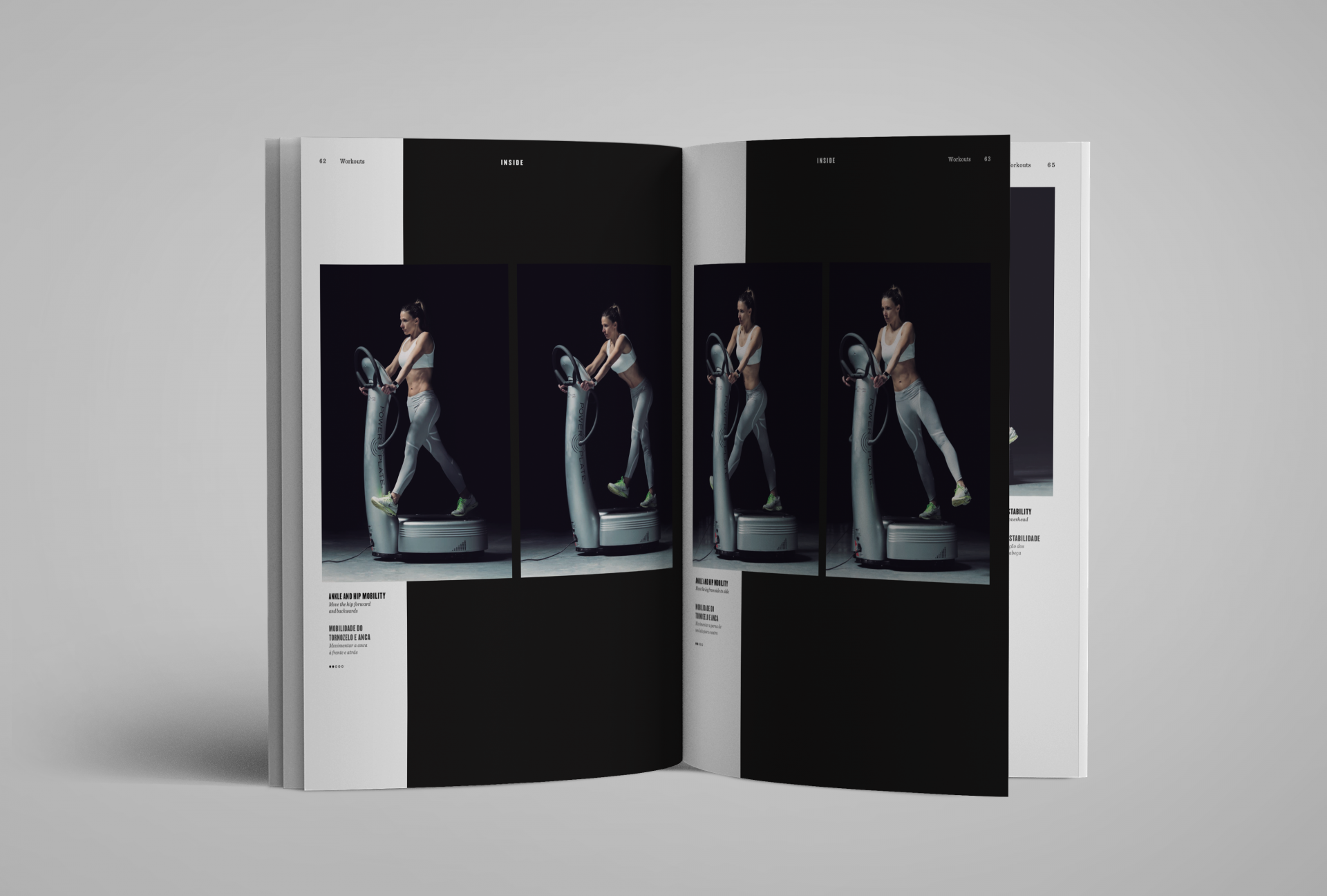 INSIDE Running as a lifestyle (#1 - 17) Catálogo aberto com mulher a usar máquina vibratória para exercício