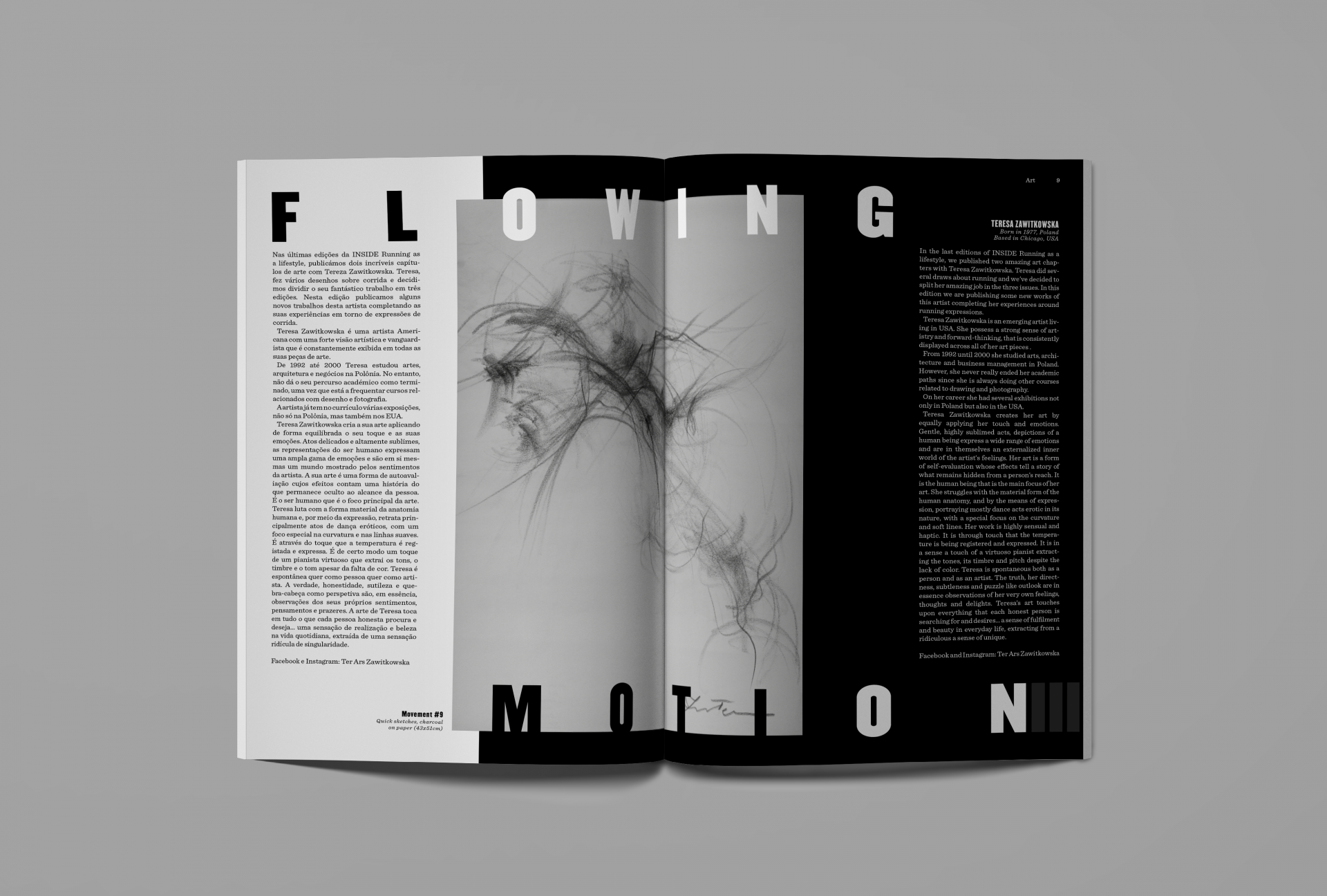 INSIDE Running as a lifestyle (#1 - 17) Revista aberta com design em preto e branco, texto 'FLOWING MOTION' e imagens abstratas