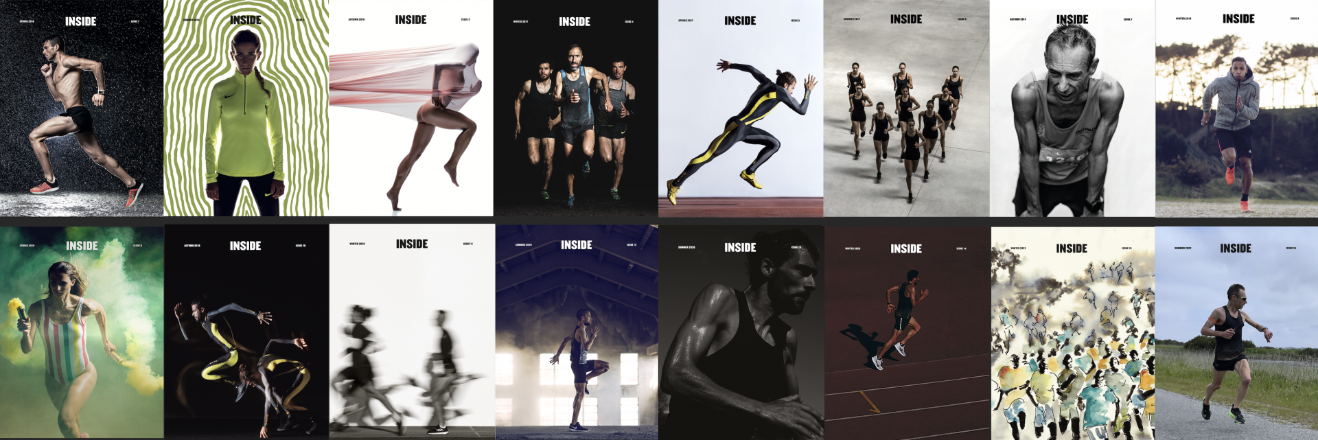 INSIDE Running as a lifestyle (#1 - 17) Coleção de capas de revista Nike com atletas em roupas desportivas coloridas e diferentes cenários.