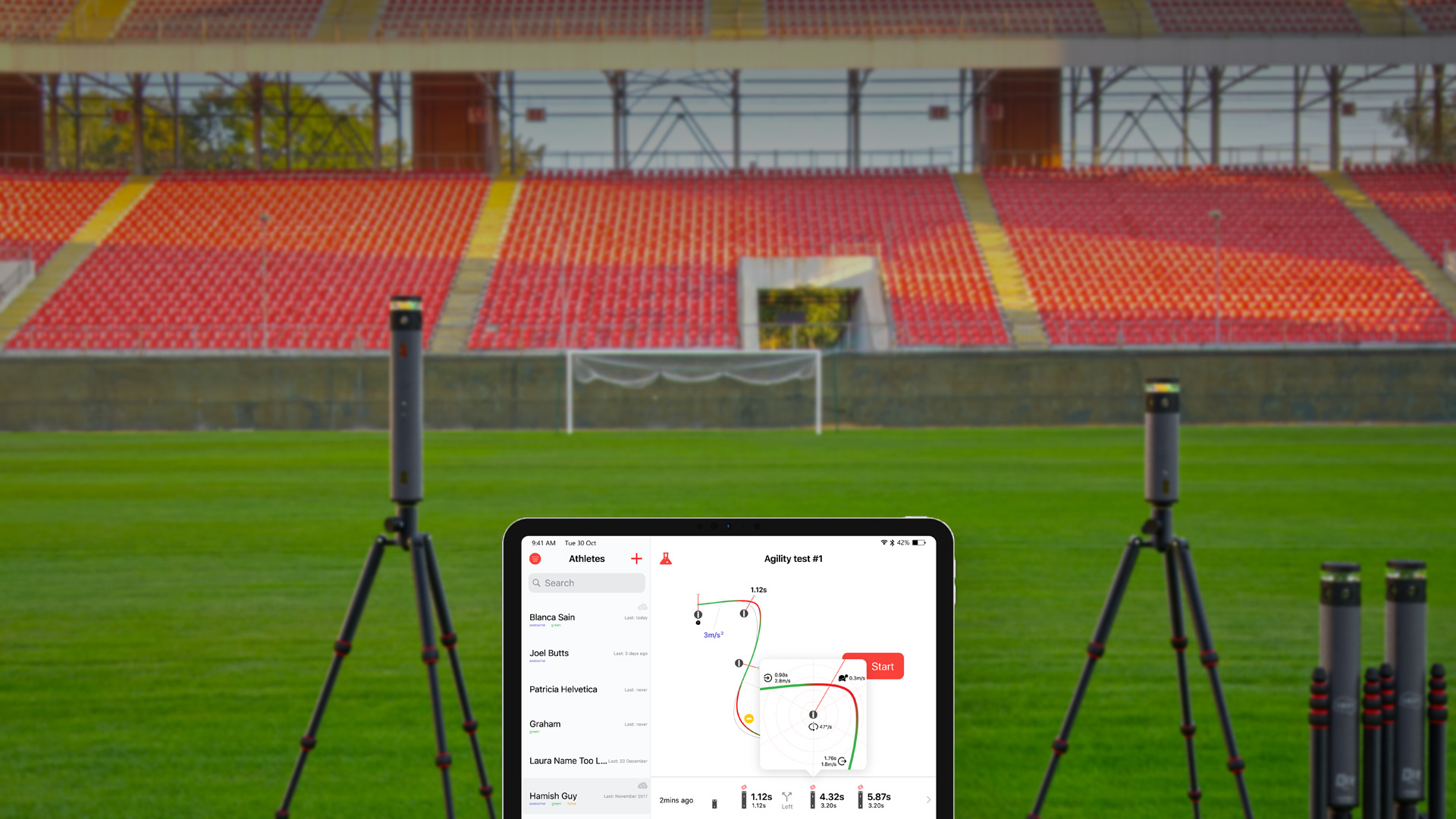 Campo de futebol com câmaras em tripés e tablet exibindo plano tático