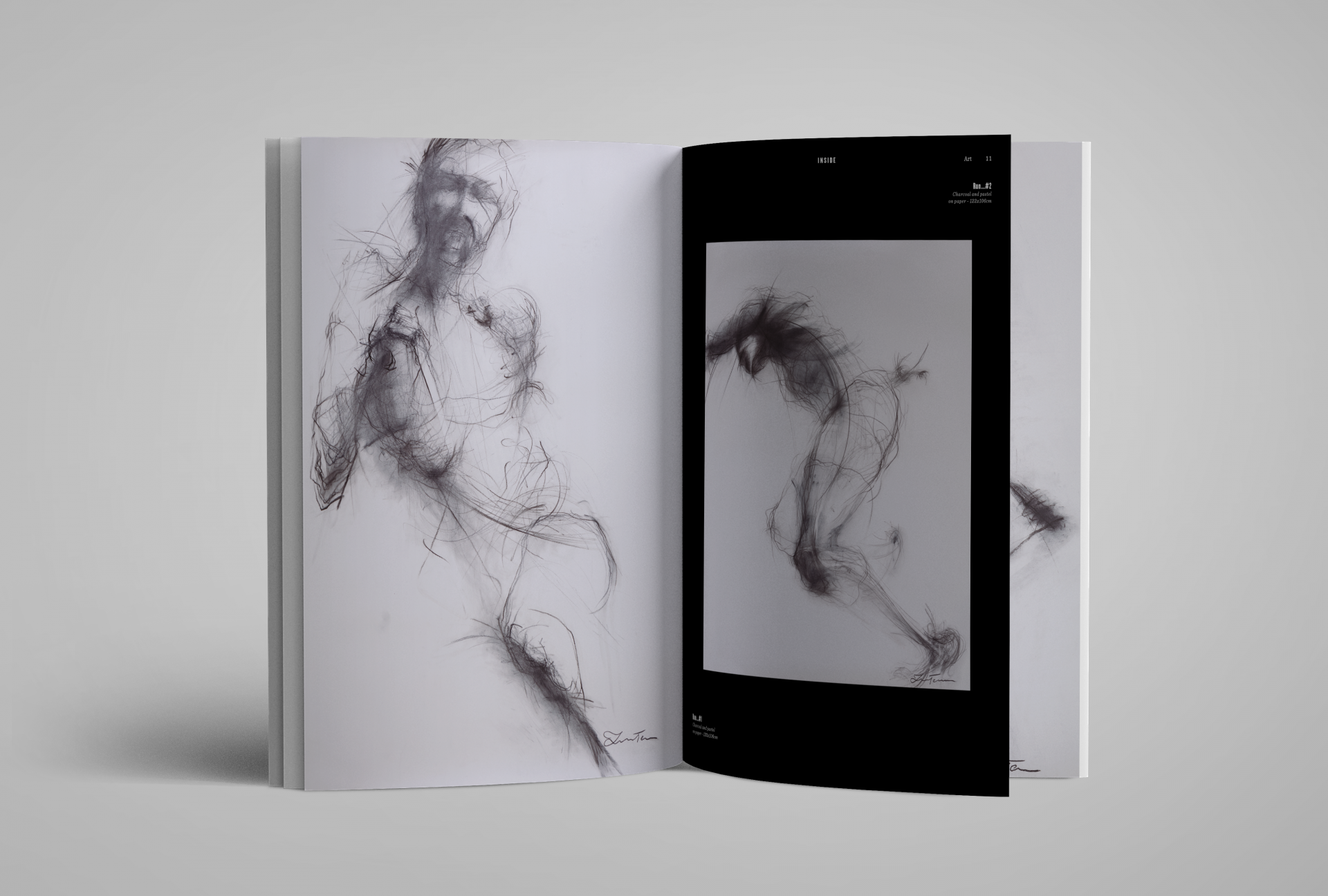 INSIDE Running as a lifestyle (#1 - 17) Livro com ilustrações monocromáticas de figuras humanas estilizadas em páginas branca e preta