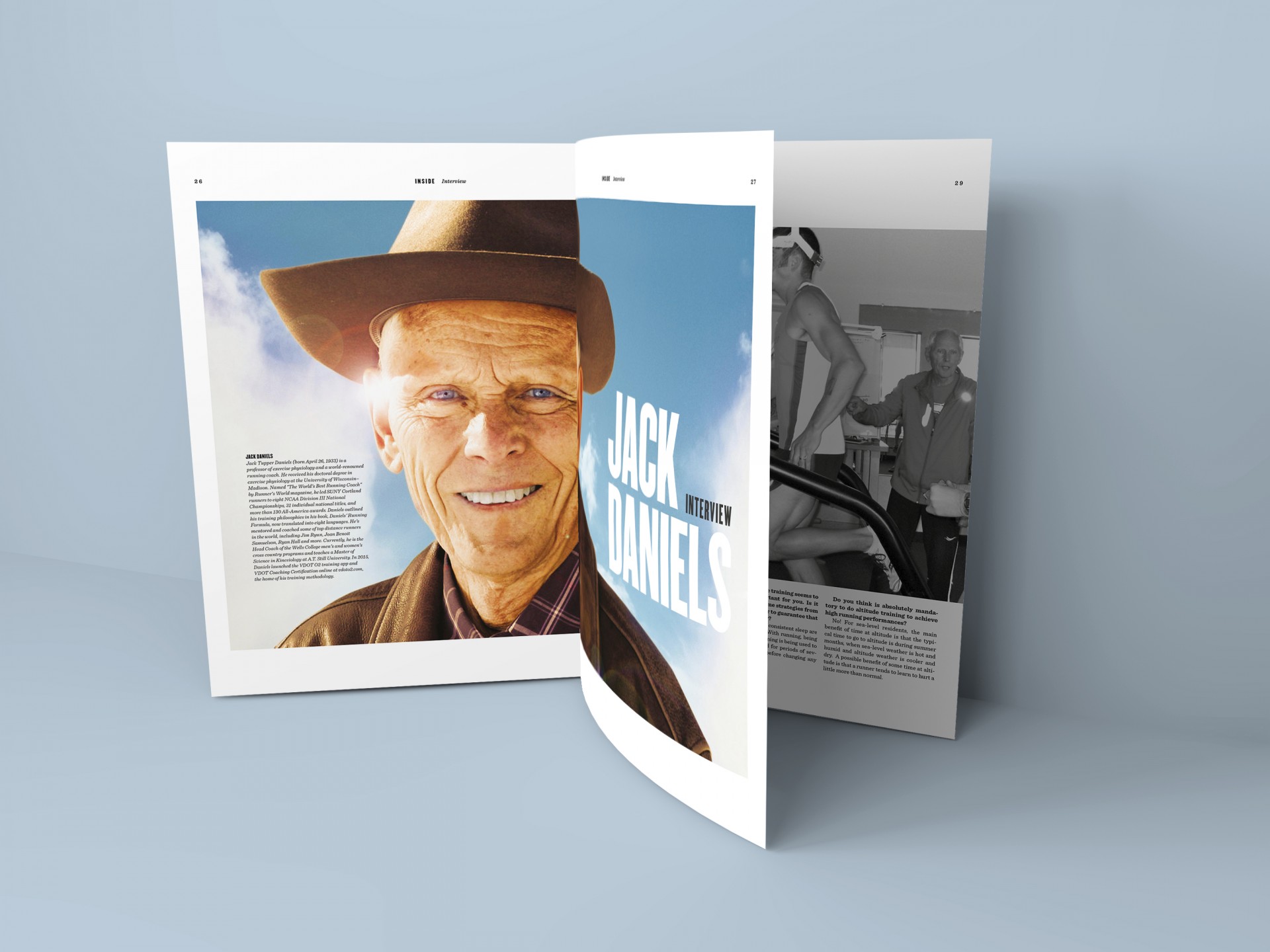 INSIDE Running as a lifestyle (#1 - 17) Revista aberta com retrato de homem idoso e texto JACK DANIELS