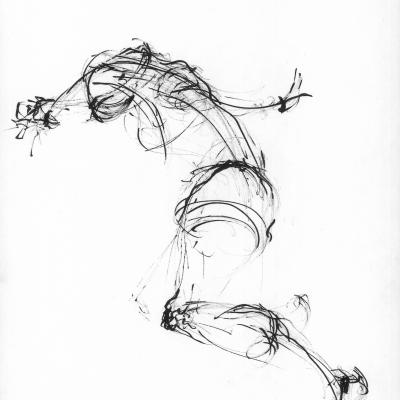 Desenho a preto e branco de figura humana em movimento