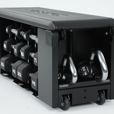 Conjunto de pesos de exercício com estrutura preta e rodas