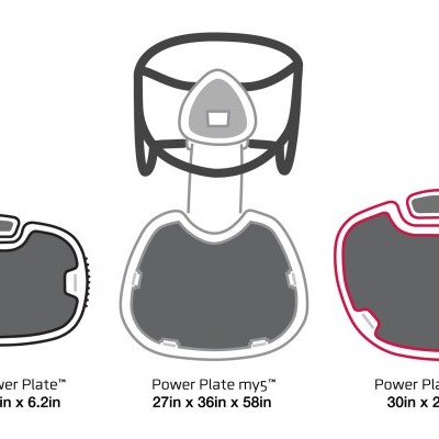 Três bases de dispositivos Power Plate com contornos e dimensões indicadas