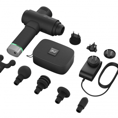 Pistola de massagem preto com acessórios e estojo