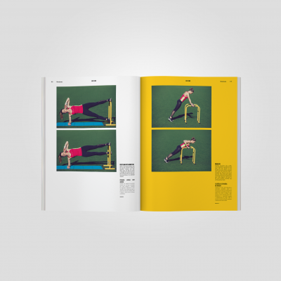 Livro aberto com imagens e texto sobre exercícios de barra paralela