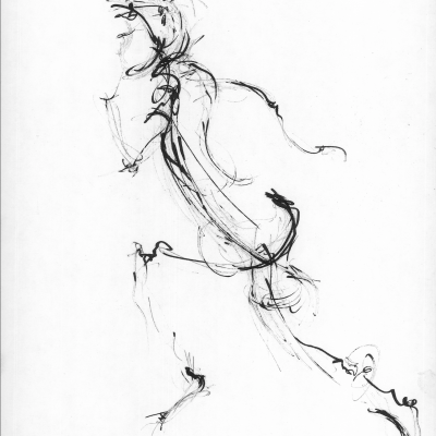 Desenho estilizado a tinta preta de uma figura humana com assinatura no canto inferior direito