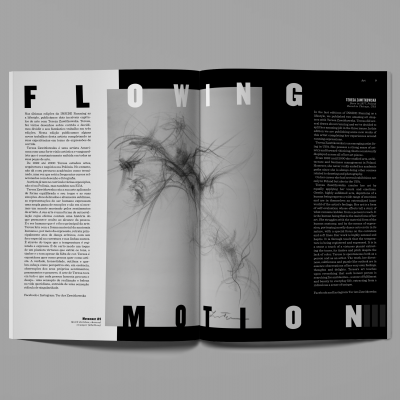Revista aberta com design em preto e branco, texto 'FLOWING MOTION' e imagens abstratas