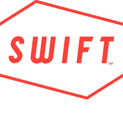 Logótipo SWIFT vermelho dentro de um hexágono e texto branco 