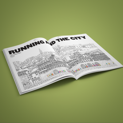 Revista aberta com ilustração de cidade em preto e branco e texto 'RUNNING AND THE CITY'