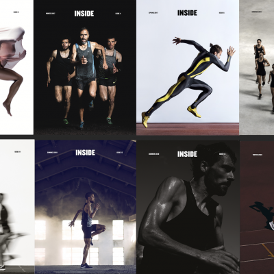 Coleção de capas de revista Nike com atletas em roupas desportivas coloridas e diferentes cenários.