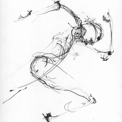 Desenho de figura humana em tinta preta com traços soltos