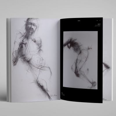 Livro com ilustrações monocromáticas de figuras humanas estilizadas em páginas branca e preta