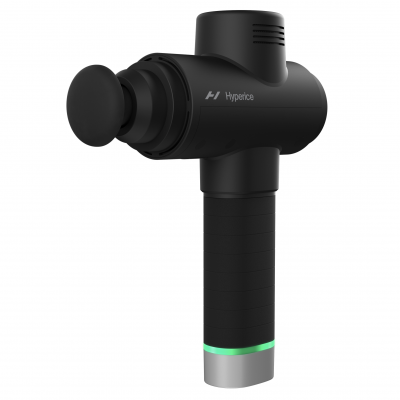 Massageador de mão preto com punho texturizado e base metálica prateada com faixa verde