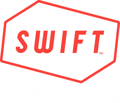 Logótipo SWIFT vermelho dentro de um hexágono e texto branco 