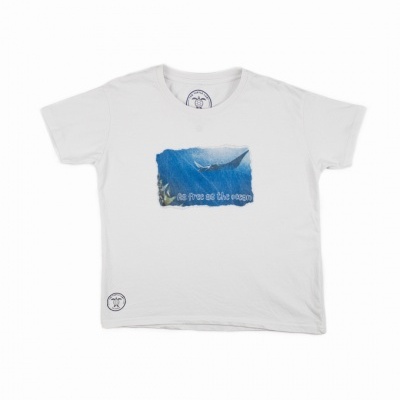 T-shirt branca com estampa azul e texto