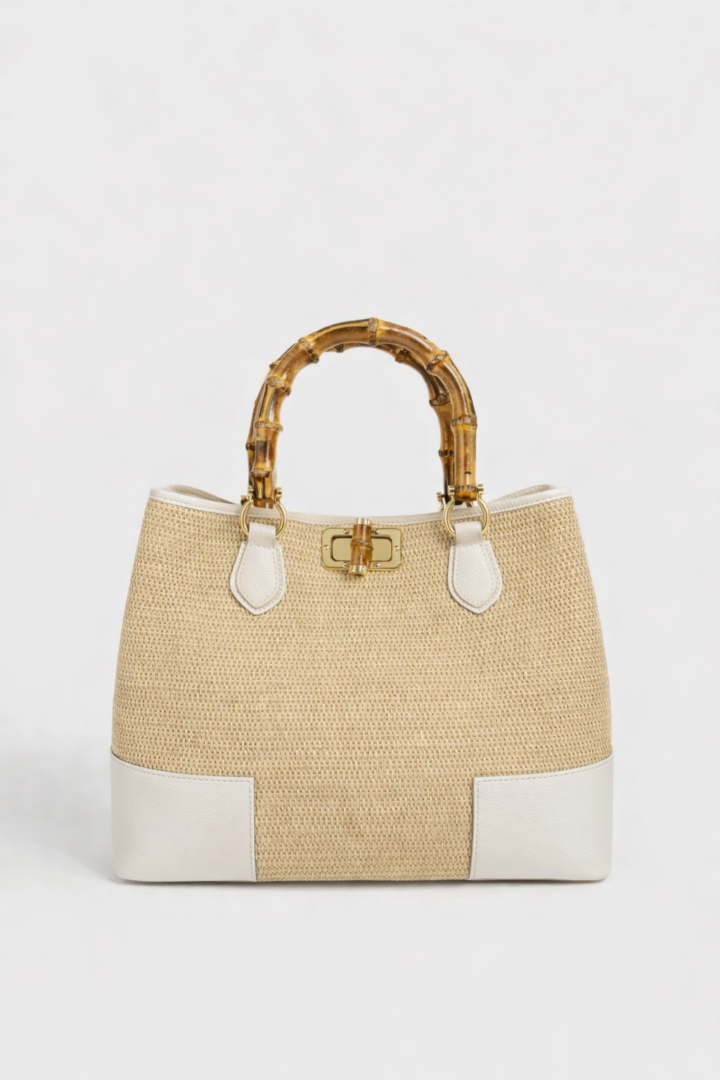 MALA EM PELE ITALIANA AMALFI RÁFIA CREAM | TUSCAN Mala tote bege com pega de bambu e detalhes em branco