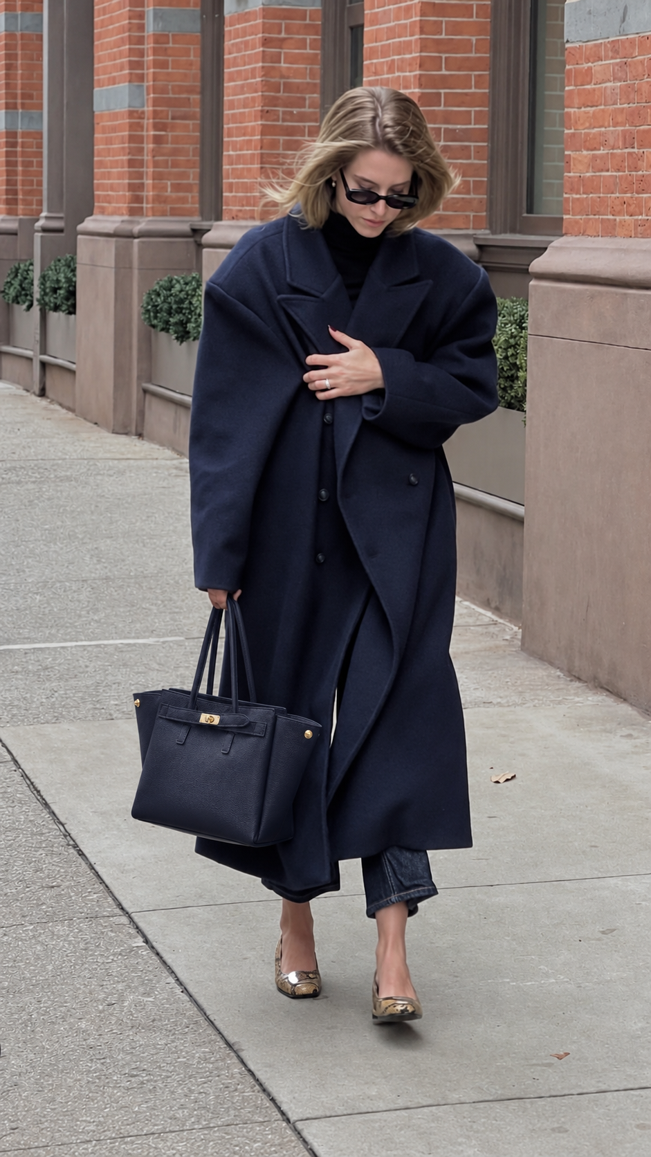 MALA EM PELE ITALIANA PADOVA AZUL NAVY | TUSCAN Mulher com casaco azul escuro e mala azul a caminhar numa rua com paredes de tijolo vermelho