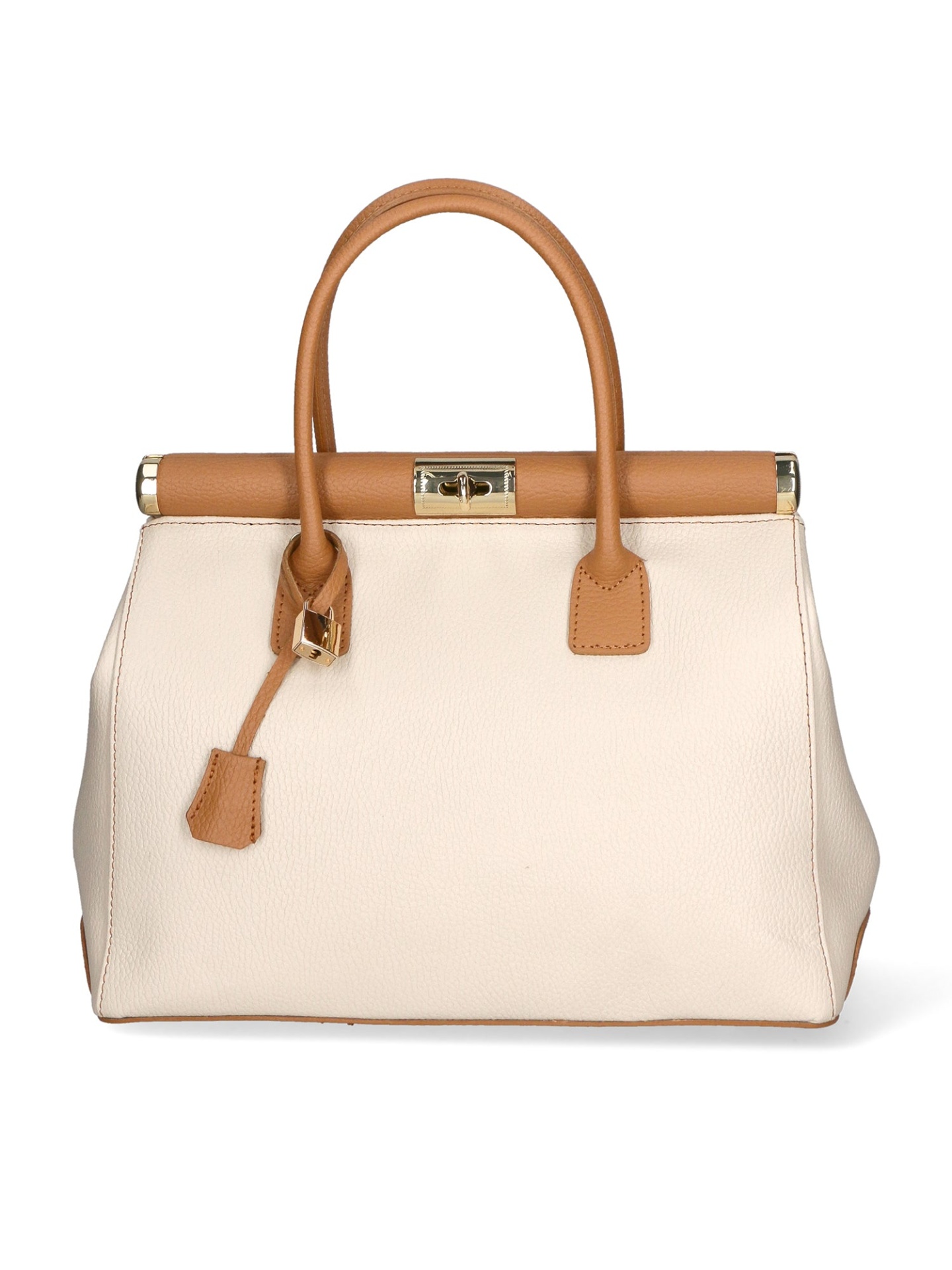 MALA DE PELE ITALIANA FIESOLE CREAM & CONHAQUE | TUSCAN Mala de mão feminina em couro bege claro e castanho com fecho dourado