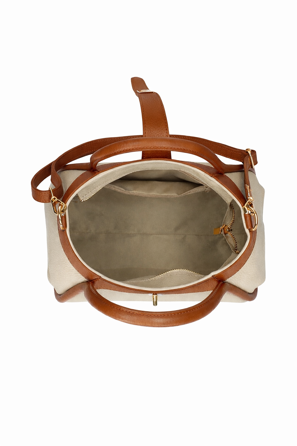 MALA EM PELE ITALIANA ROMA CREAM & CONHAQUE | TUSCAN Bolsa de mão bege com alças castanhas e interior cinzento vista superior.