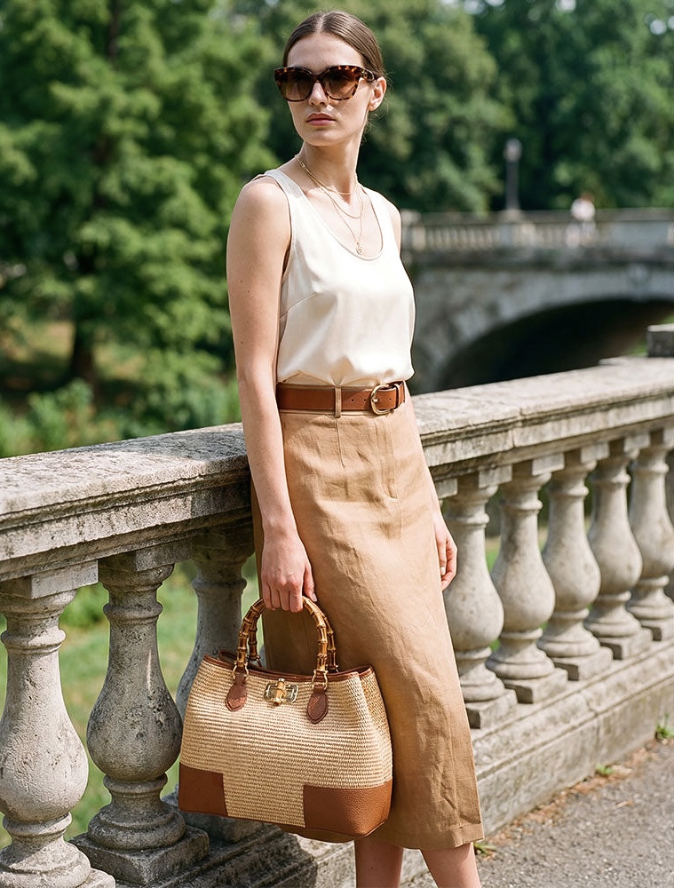 MALA EM PELE ITALIANA AMALFI RÁFIA CONHAQUE | TUSCAN Mulher com óculos de sol, top branco, saia bege, cinto castanho e bolsa bege com detalhes castanhos em ambiente exterior