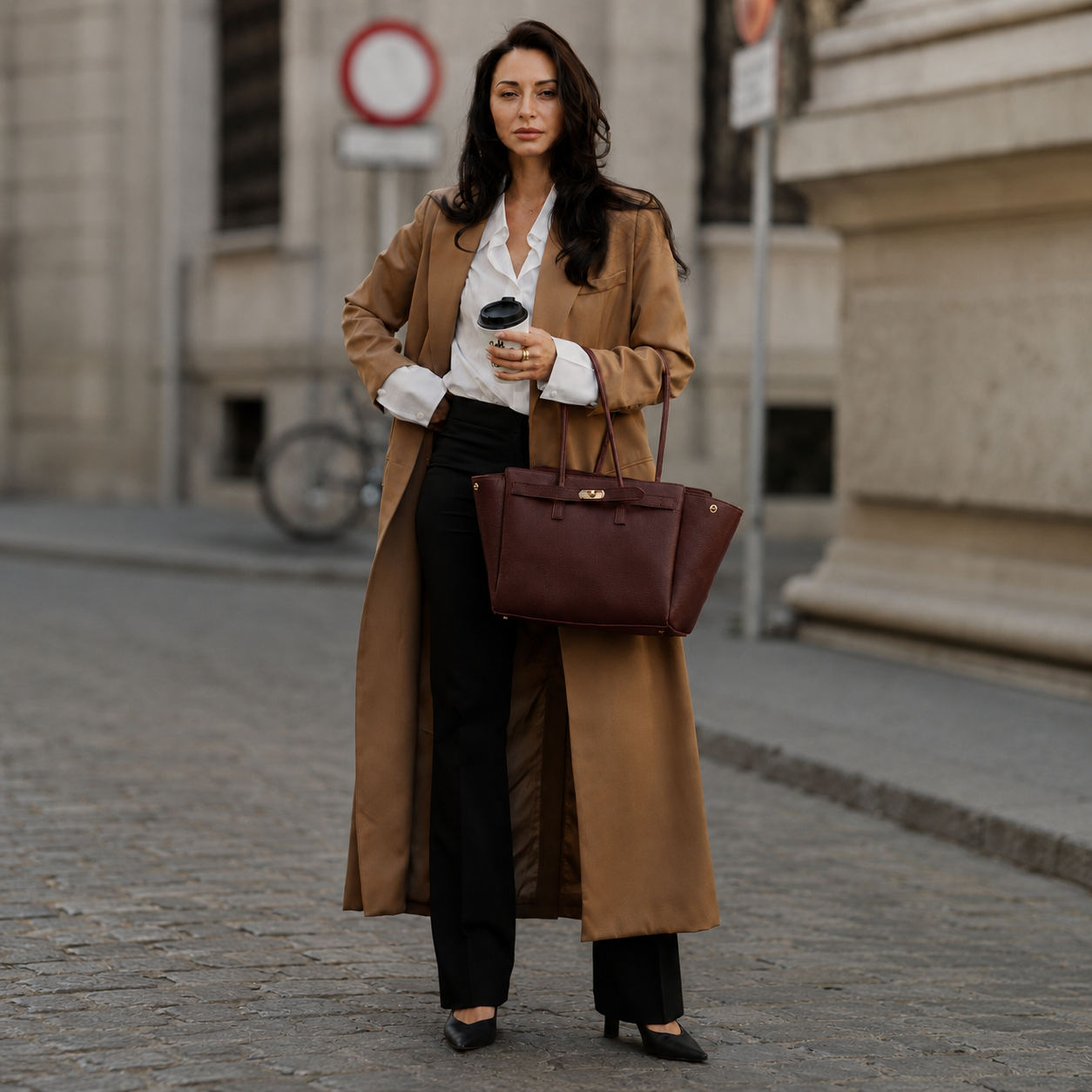 MALA EM PELE ITALIANA PADOVA BURGUNDY | TUSCAN Mulher com casaco comprido castanho, camisa branca, calças pretas, sapatos pretos, mala castanha escura e copo de café na mão numa rua