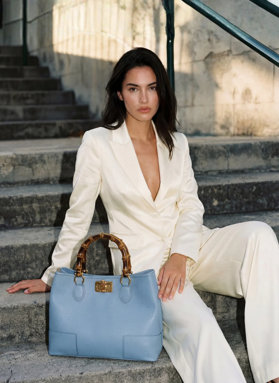 MALA EM PELE ITALIANA AMALFI AZUL CELESTE | TUSCAN Mulher com fato bege claro e mala azul clara com alças castanhas sentada em escadas de pedra