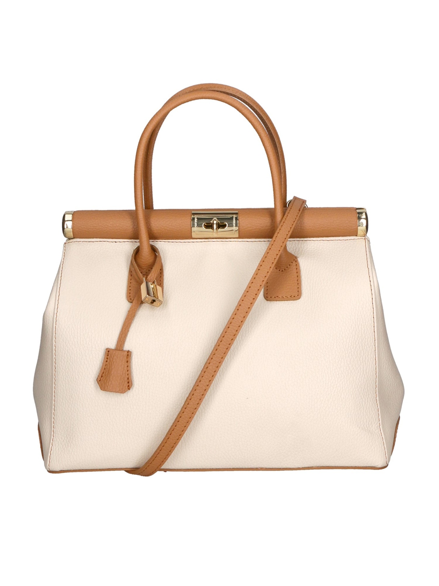 MALA DE PELE ITALIANA FIESOLE CREAM & CONHAQUE | TUSCAN Mala de senhora em pele bege e castanha com fecho dourado