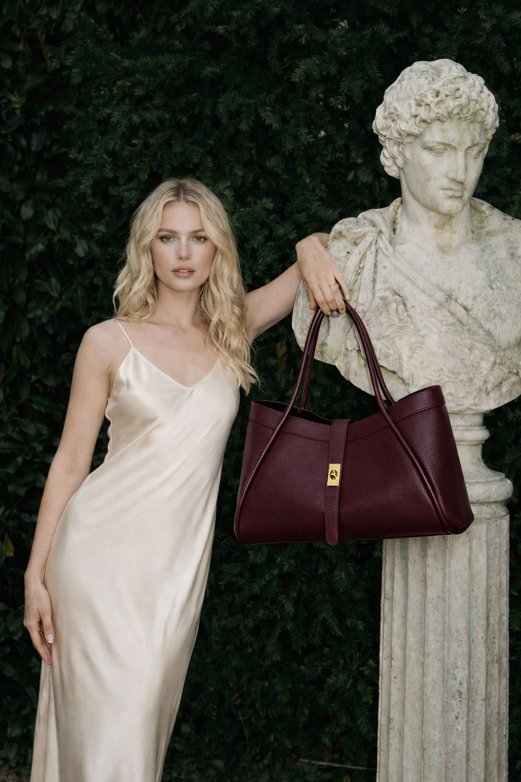 MALA EM PELE ITALIANA ROMA BURGUNDY | TUSCAN Mulher com vestido creme segurando mala granada ao lado de escultura branca