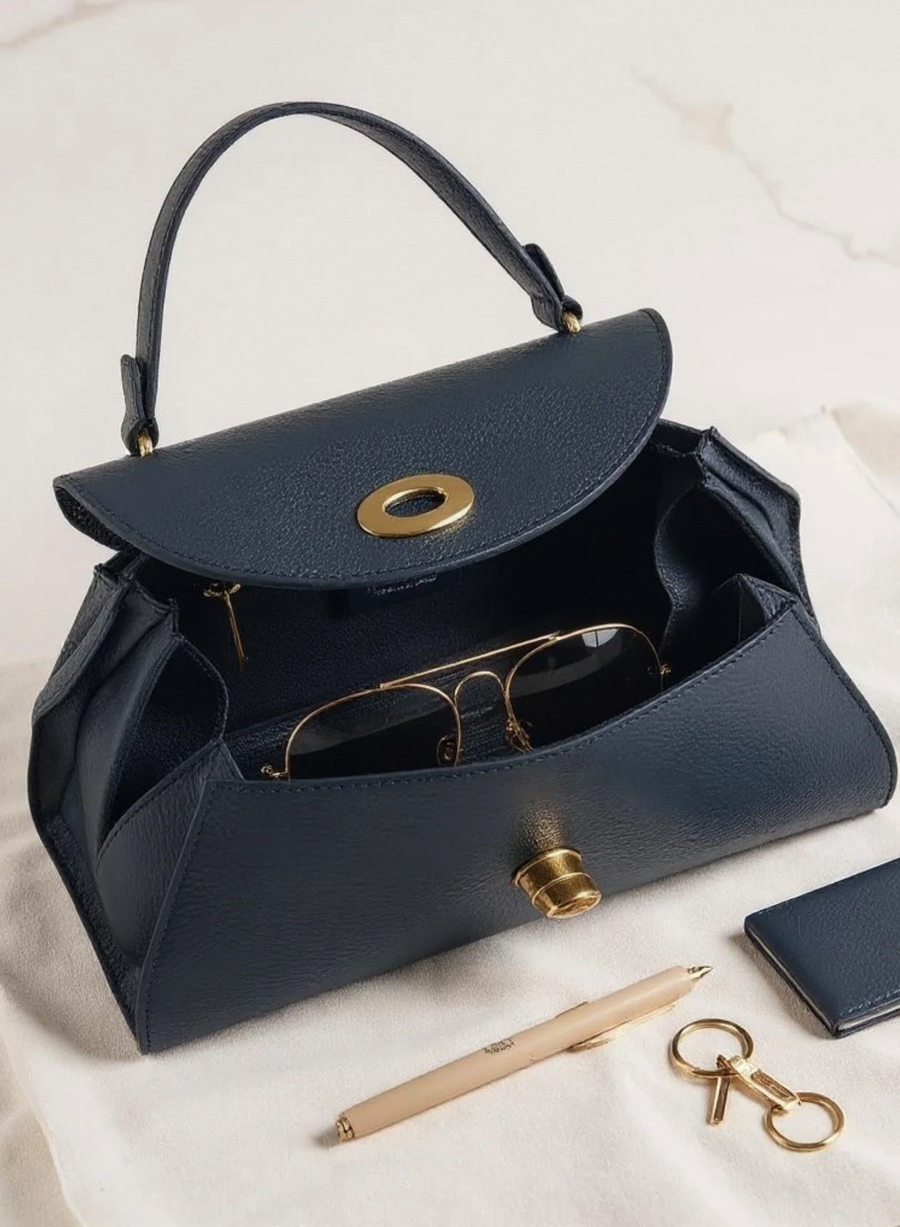 MALA EM PELE ITALIANA SIENA AZUL NAVY | TUSCAN Mala preta com alça e fecho dourado, óculos, caneta, porta-cartões e chaveiro ao lado sobre tecido branco.