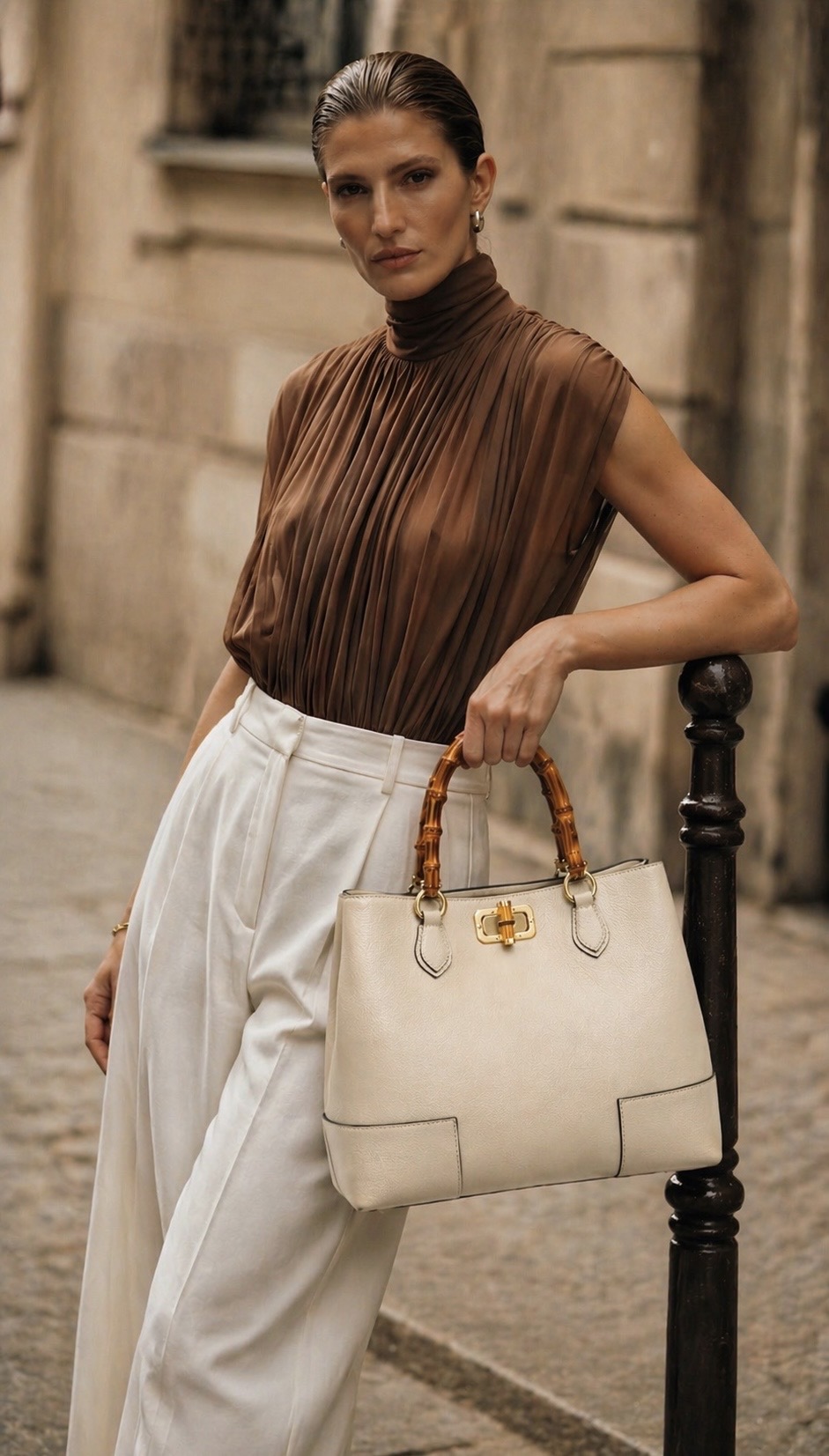 MALA EM PELE ITALIANA AMALFI CREAM | TUSCAN Mulher com blusa castanha, calças brancas e mala bege com alças de bambu